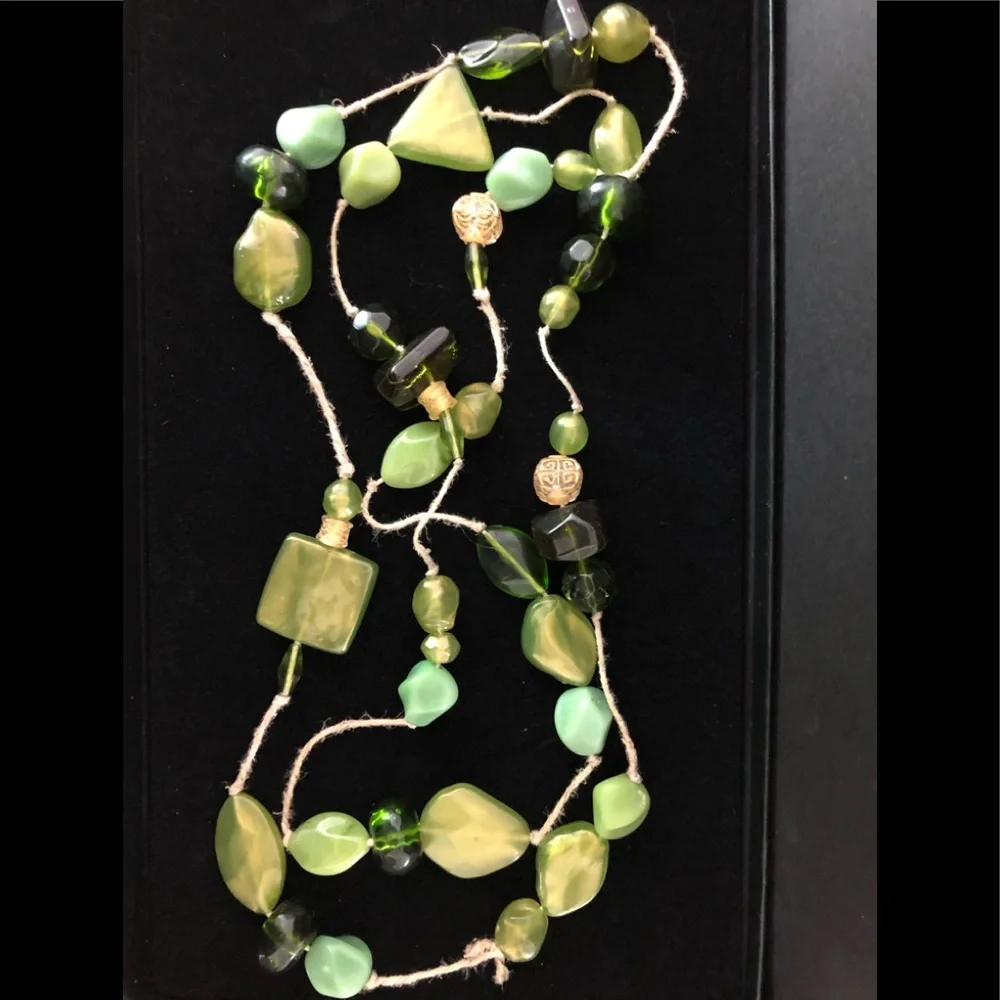 Vintage Artisan Handmade Green Glass Large Beads 50” Natural String Necklace